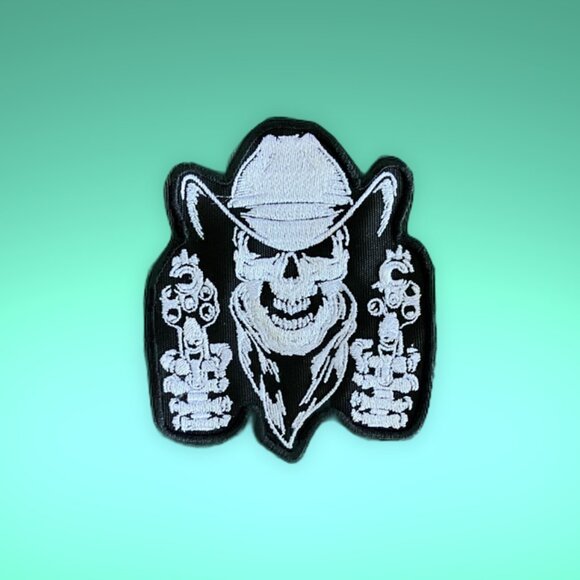 Cowboy skeleton six-guns embroidered black and white patch - Picture 3 of 3